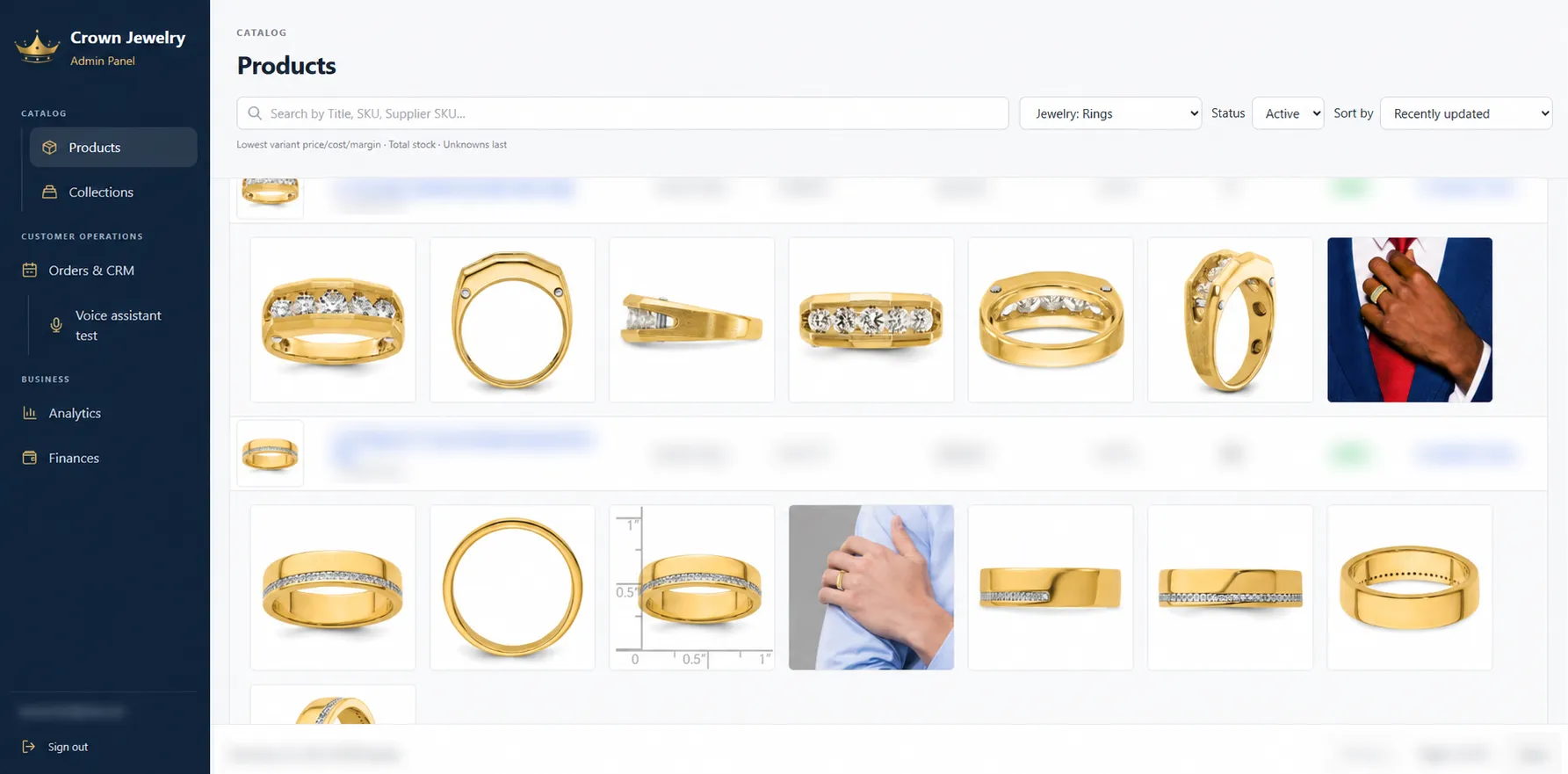 Catalog administration showing jewelry images, with product details and account information obscured.