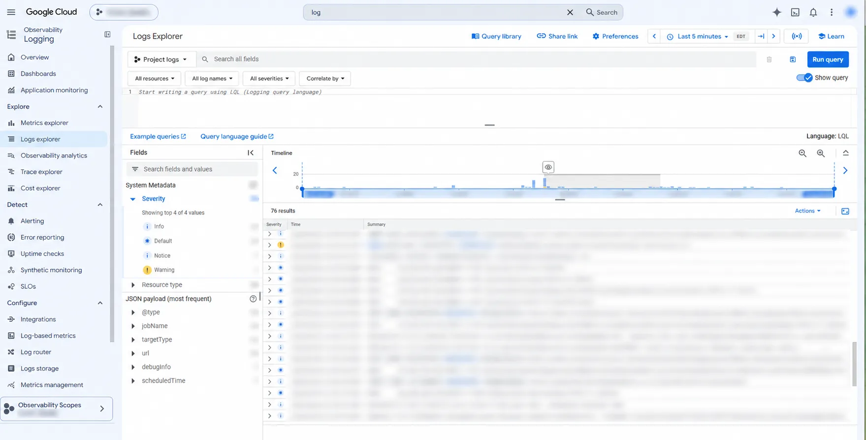 Google Cloud Logs Explorer with its timeline and sensitive log contents obscured.