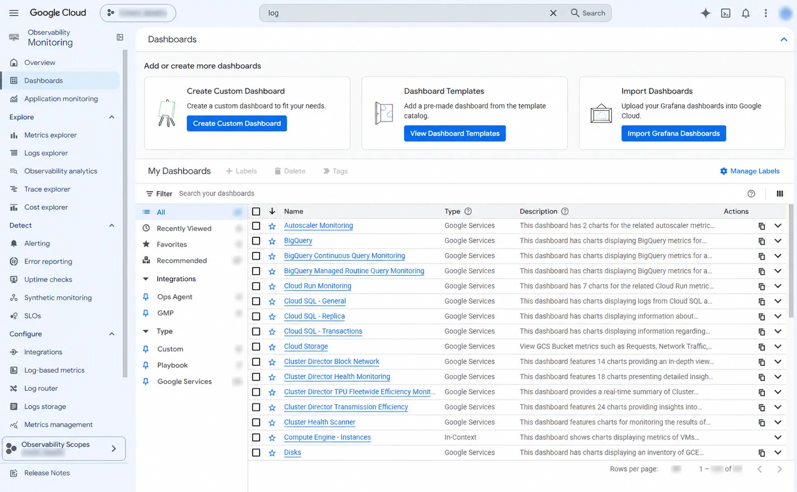 Google Cloud Monitoring dashboard directory with project and account information obscured.