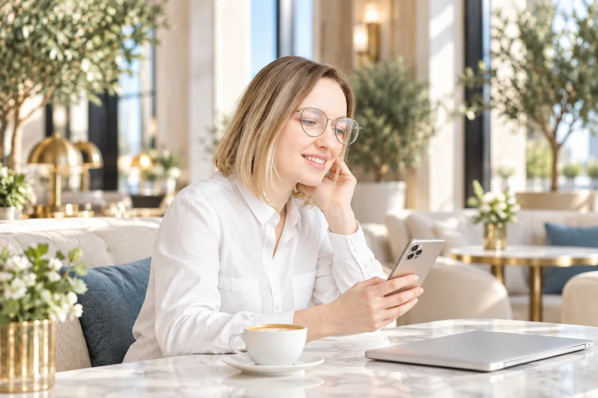 A relaxed, smiling woman using her phone in a bright, elegant restaurant lounge.