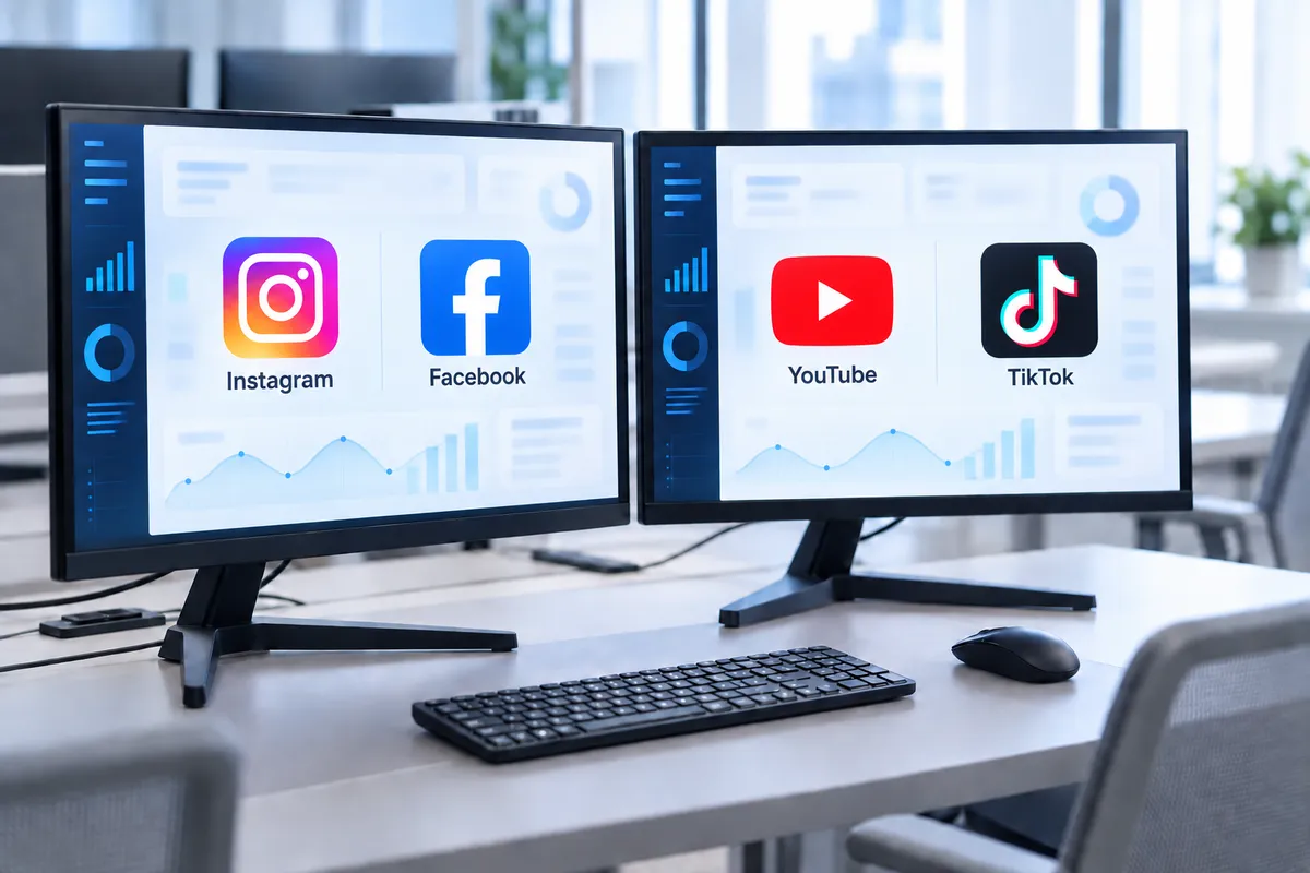 Two monitors showing Instagram and Facebook together on the left, and YouTube and TikTok on the right.